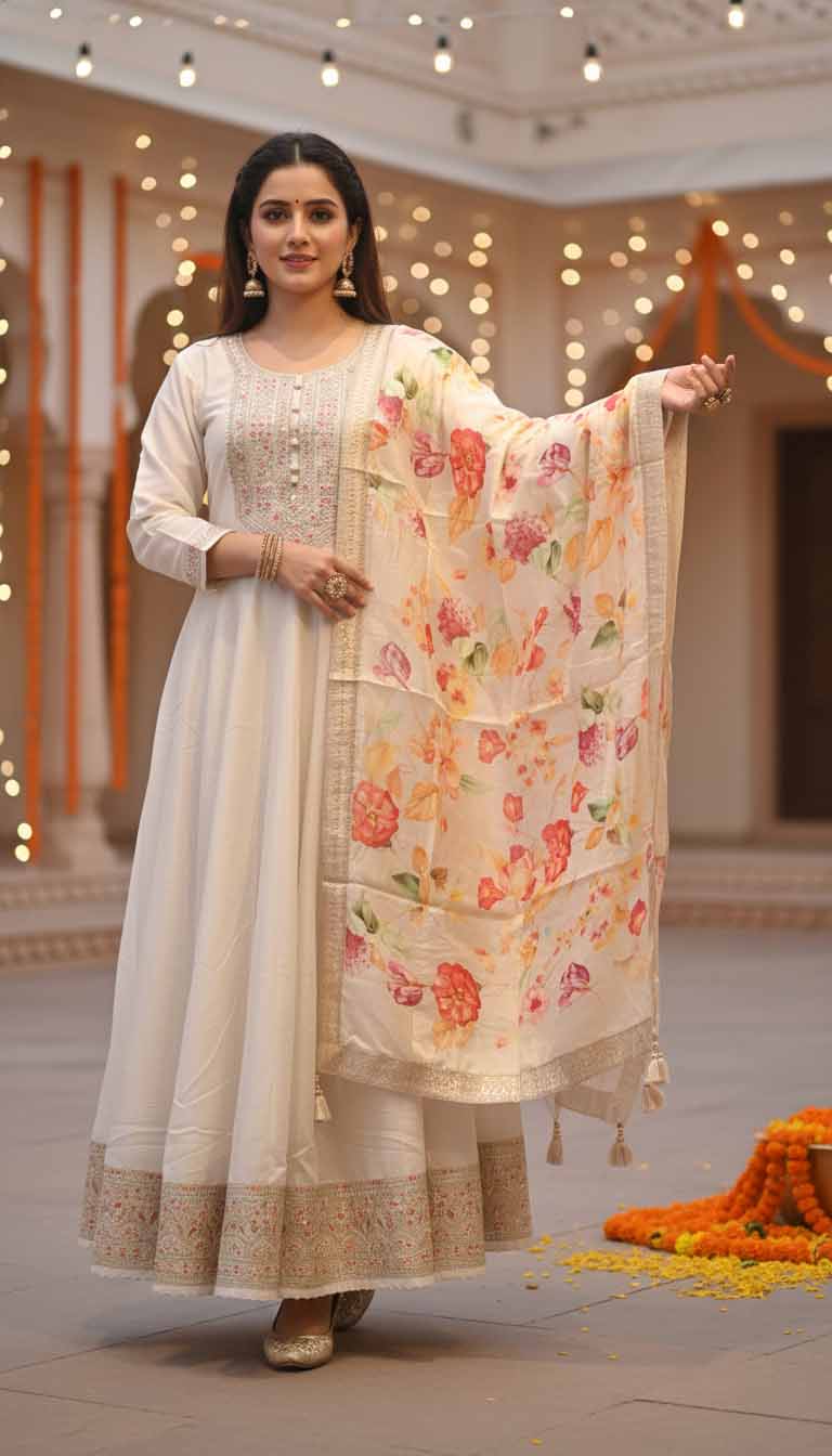 Ivory Blossom Hand Embroidered Anarkali Gown with Floral Dupatta