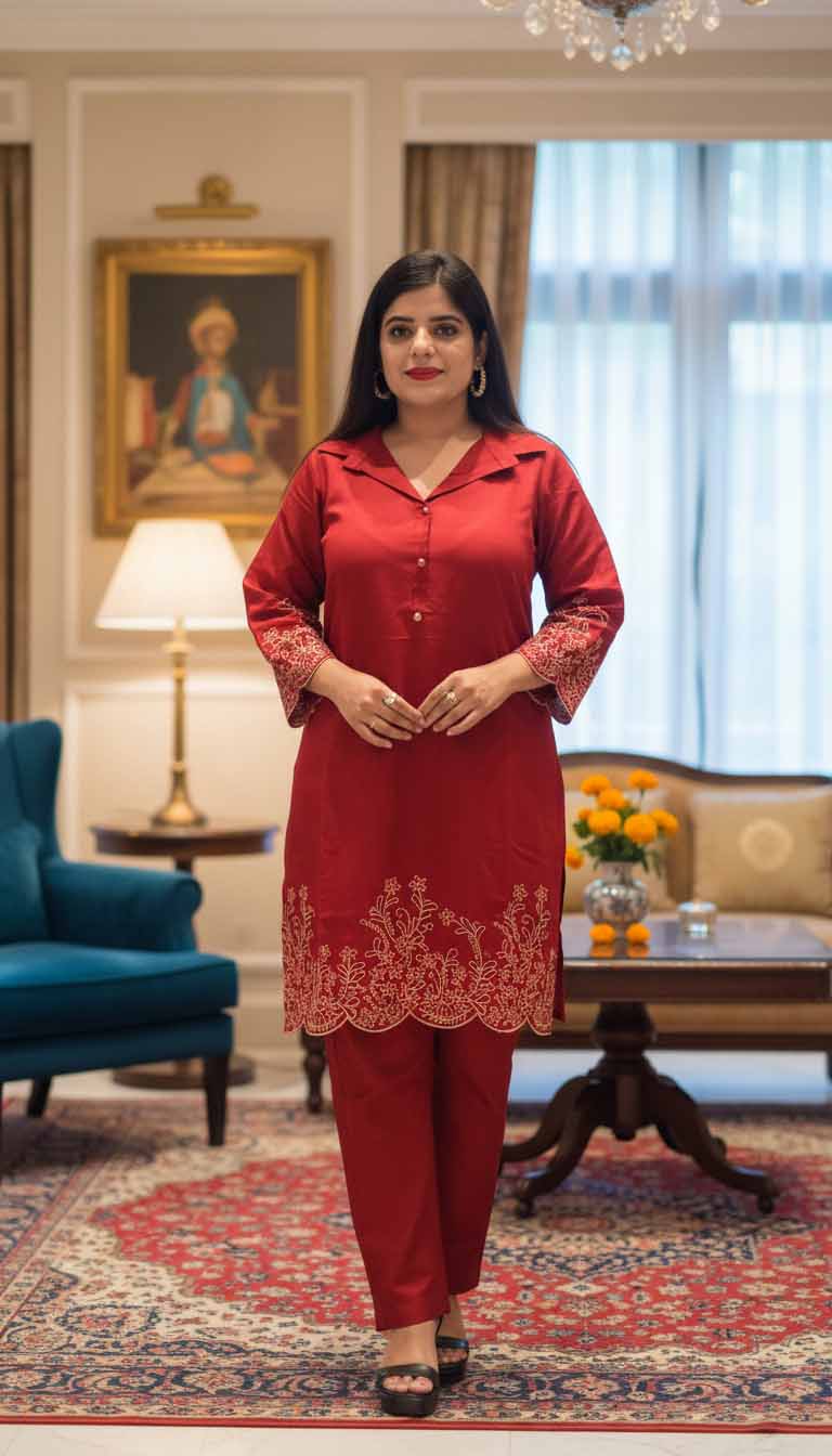 Crimson Elegance Embroidered Coord Set