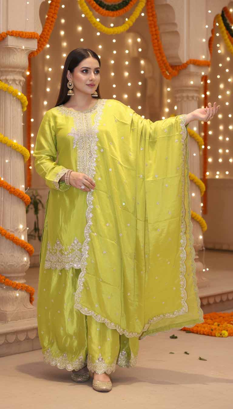 Lime Radiance Hand Embroidered Silk Suit Set