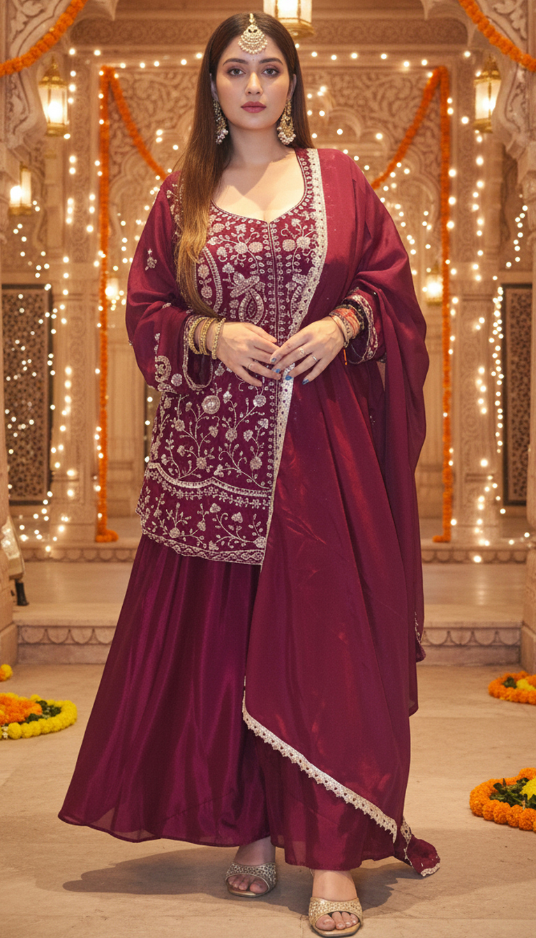 Mehr Gulab Maroon Embroidered Sharara Set